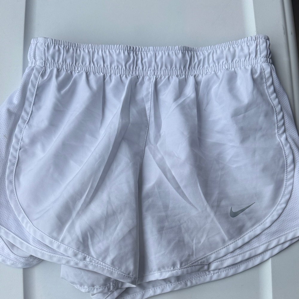 Nike White Women's Athletic Shorts with Small Silver Swoosh